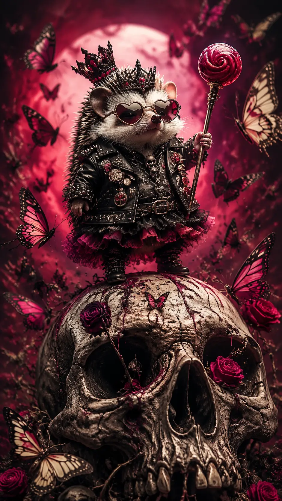 Tiny Punk Hedgehog On Skull With Scattering Butterflies