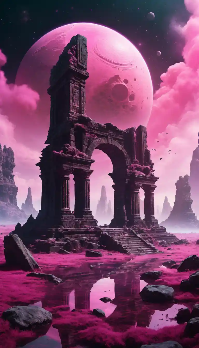 Ancient alien ruins drifting in glowing pink cosmic fog