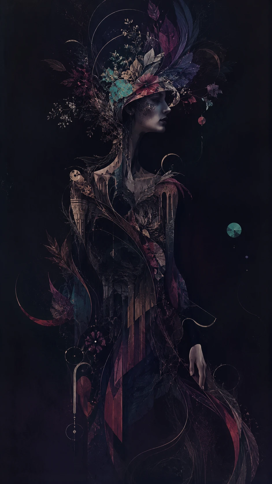 Surreal feminine silhouette built from ribbons in dark space
