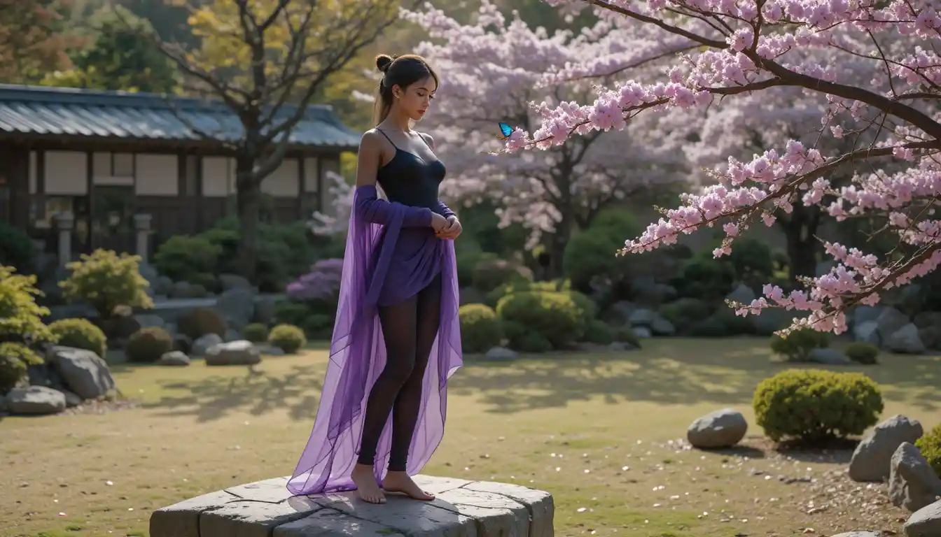 Woman on stone in Japanese garden with blue butterfly