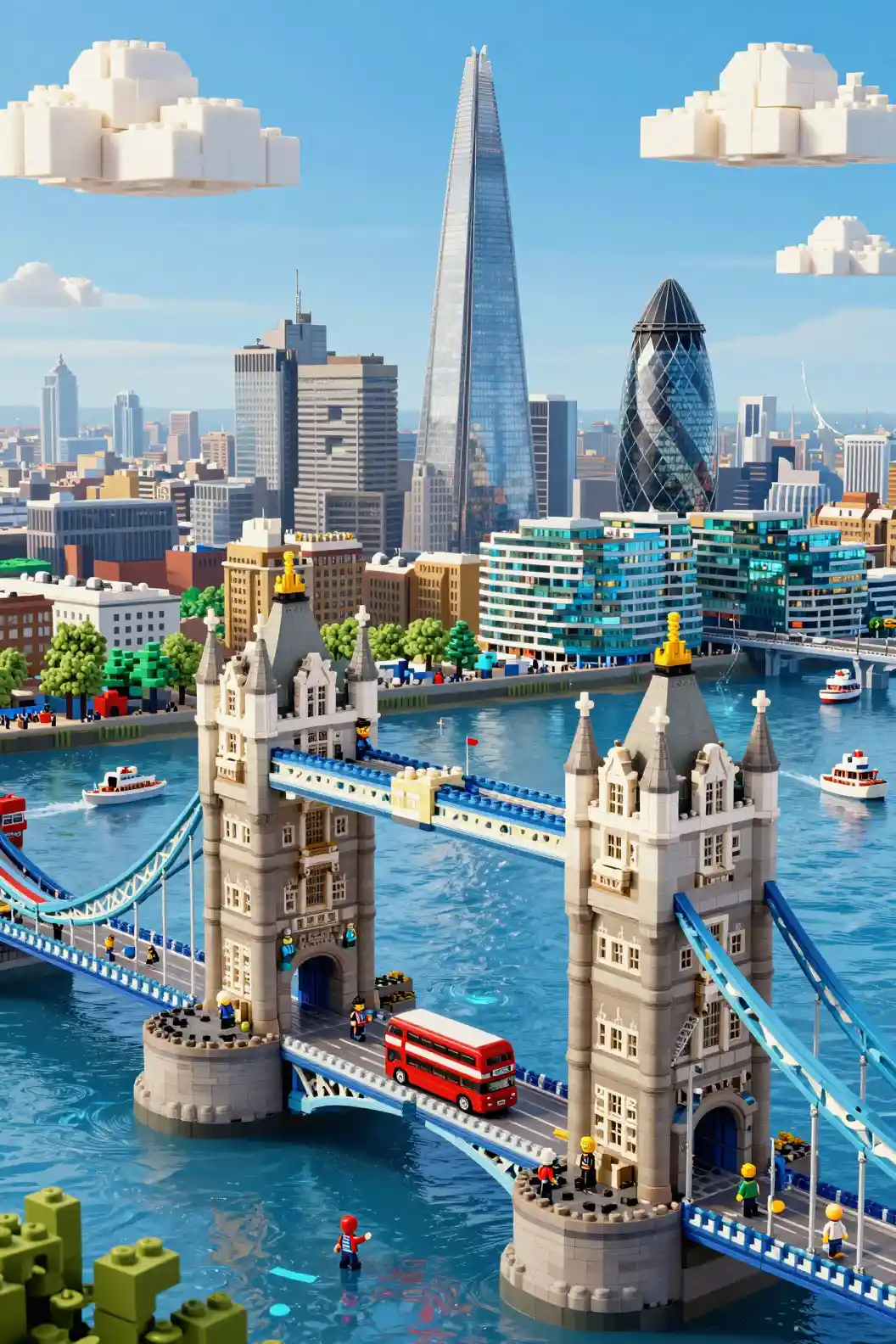 Lego Tower Bridge over the Thames in colorful London cityscape