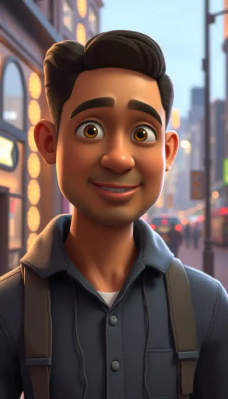 Cheerful 3D man character in a bright city scene