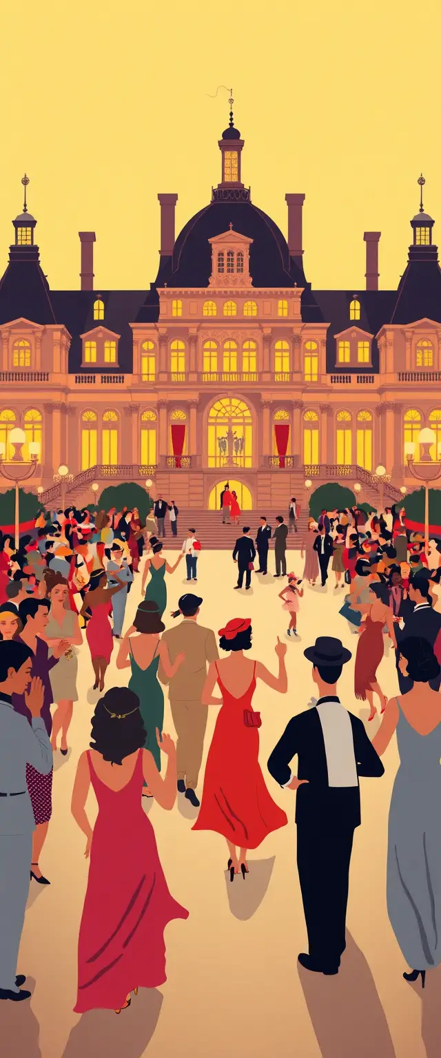 Vintage flat illustration of a grand multicultural palace party