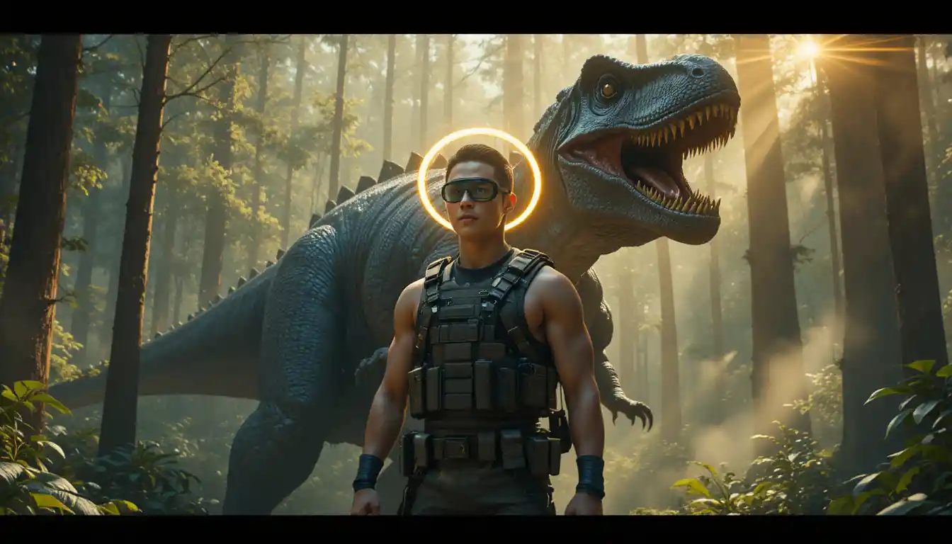 Soldier Facing Roaring Dinosaur In Jurassic Pine Forest