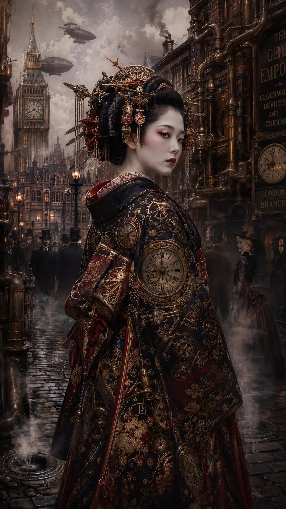 Elegant geisha in steampunk kimono on victorian city street