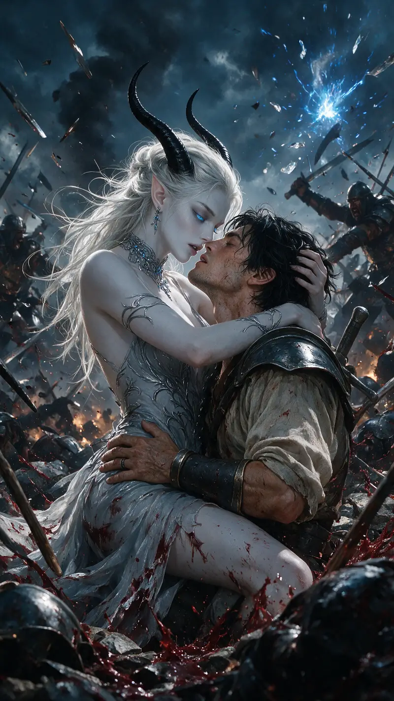 Tiefling woman embracing her lover amid raging battle