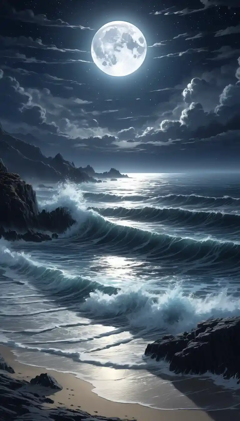 Moonlit ocean waves crashing along a rugged coastline