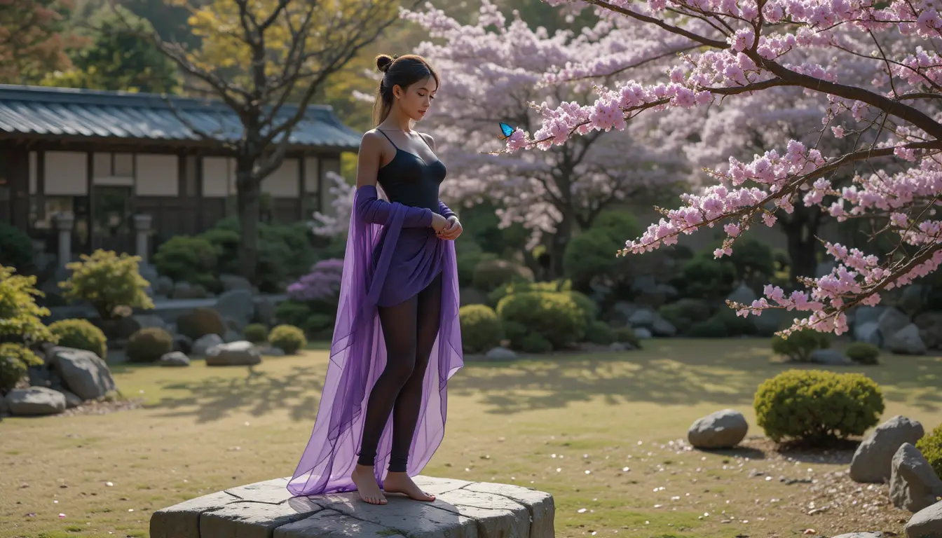 Woman on stone in Japanese garden with blue butterfly