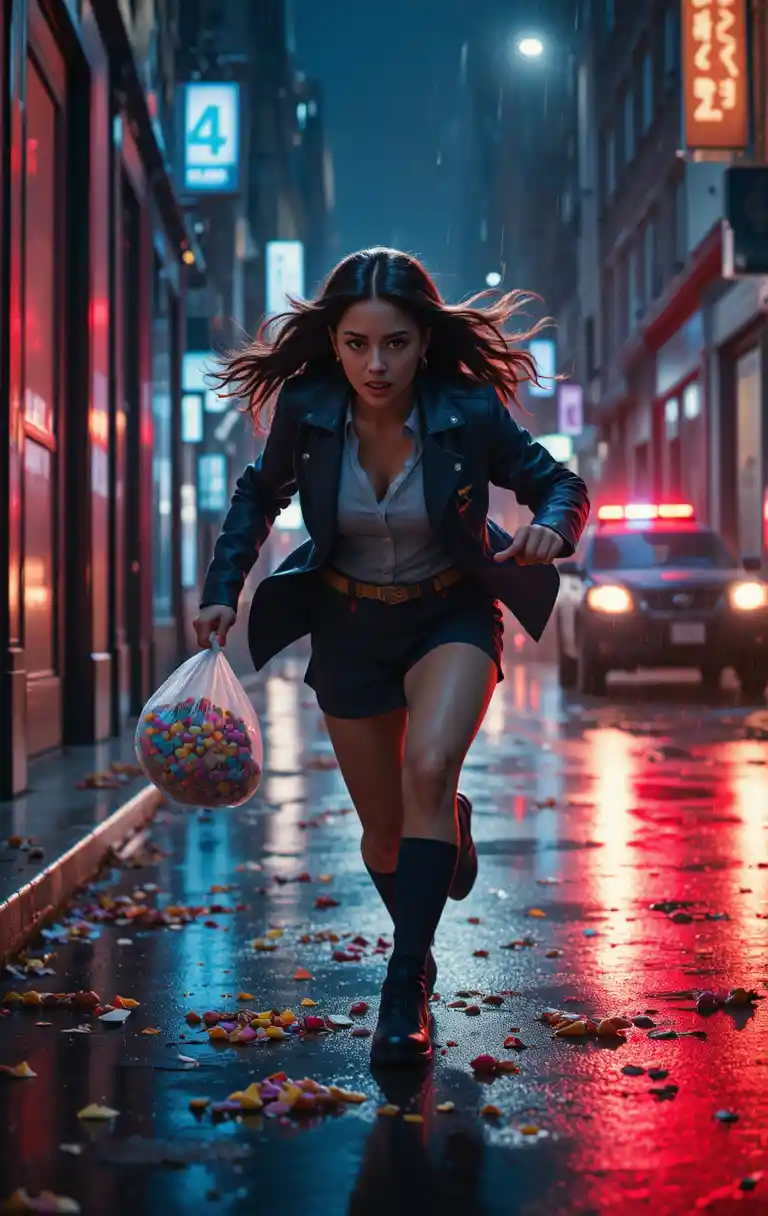 Young woman running through rainy city street at night
