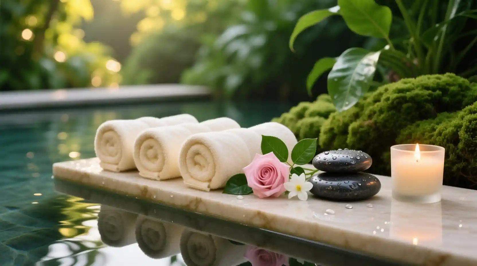 Luxurious spa towels by reflective garden water