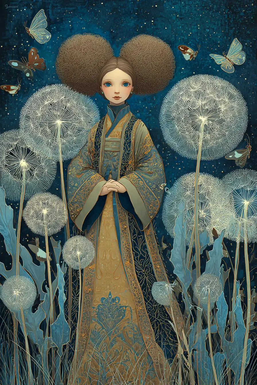 Woman in dandelion field under a deep blue starry sky