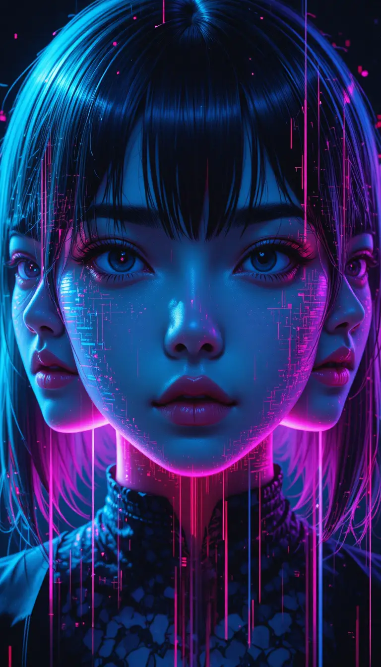 Anime girl portrait with glitching triple exposure face