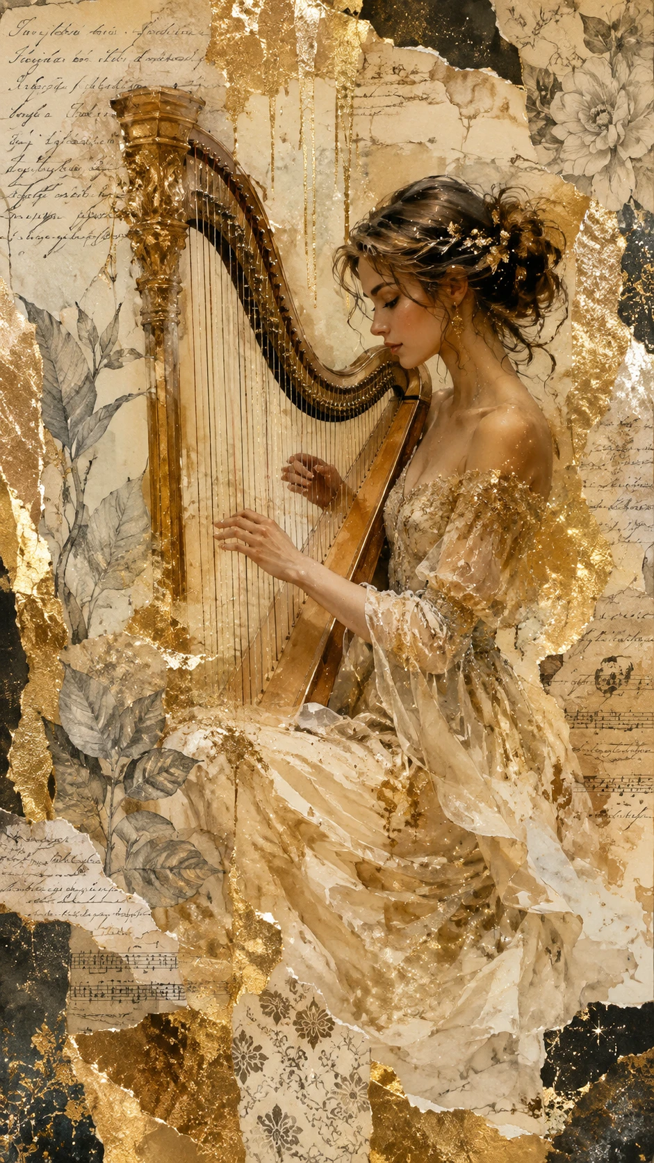 Elegant woman playing harp in mixed media gold artwork
