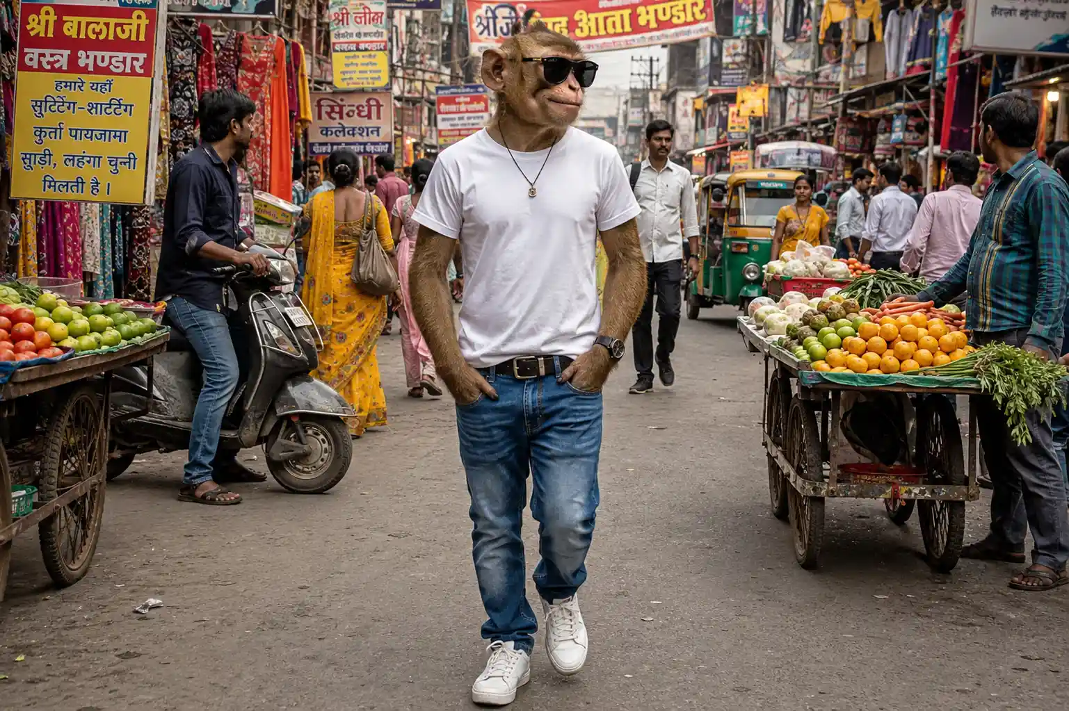 Stylish monkey walking through a busy Indian street market