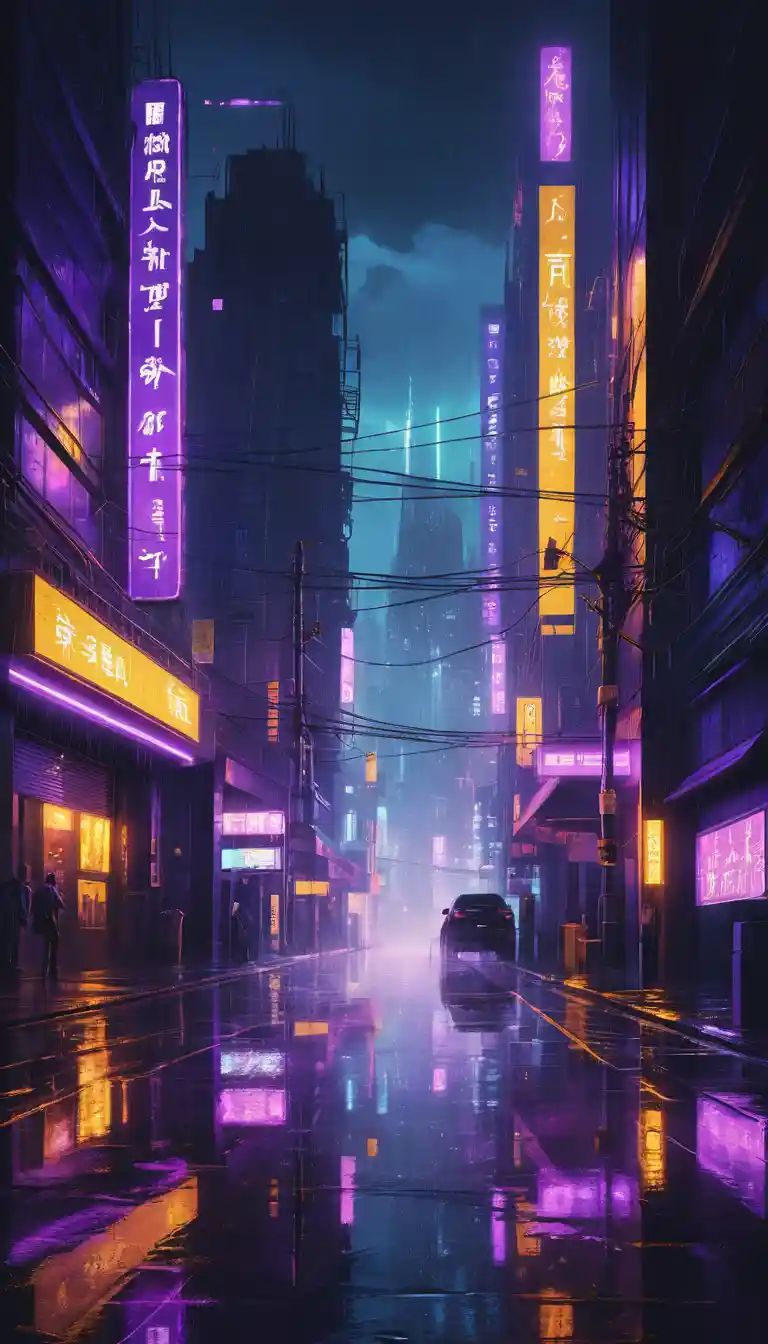 Rainy neon city street with towering glass skyscrapers