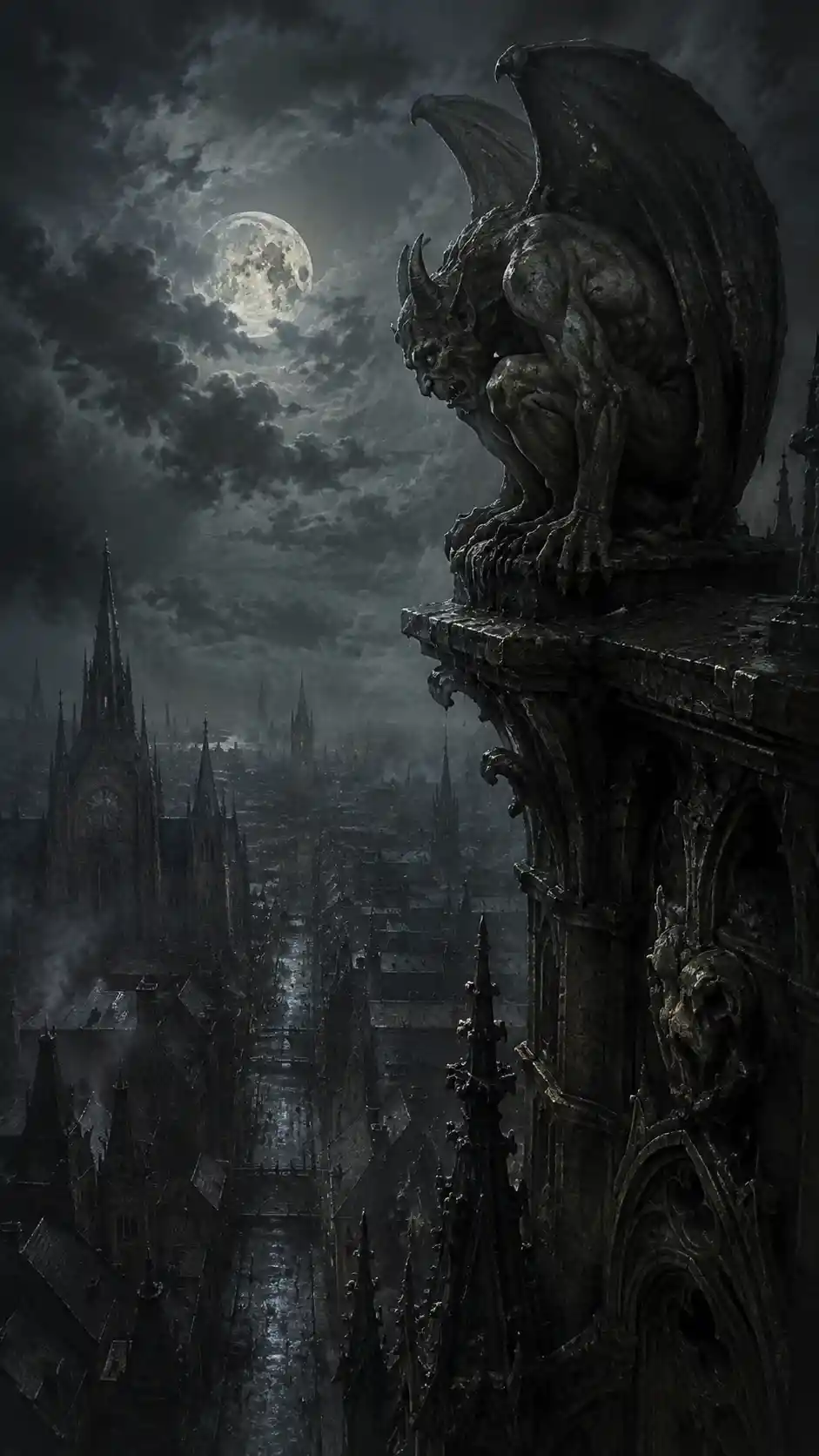 Solitary gargoyle atop a gothic spire over foggy city