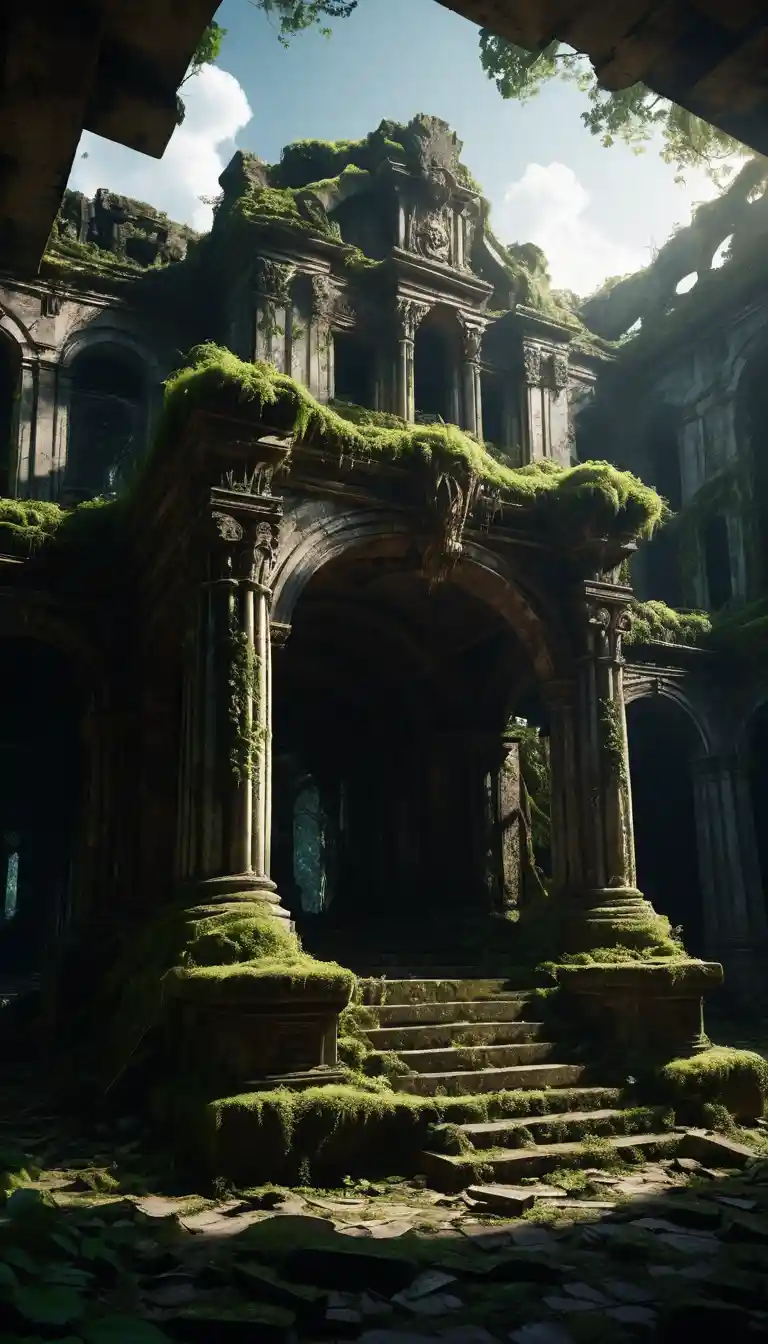 Abandoned throne hall with ivy and broken roof opening