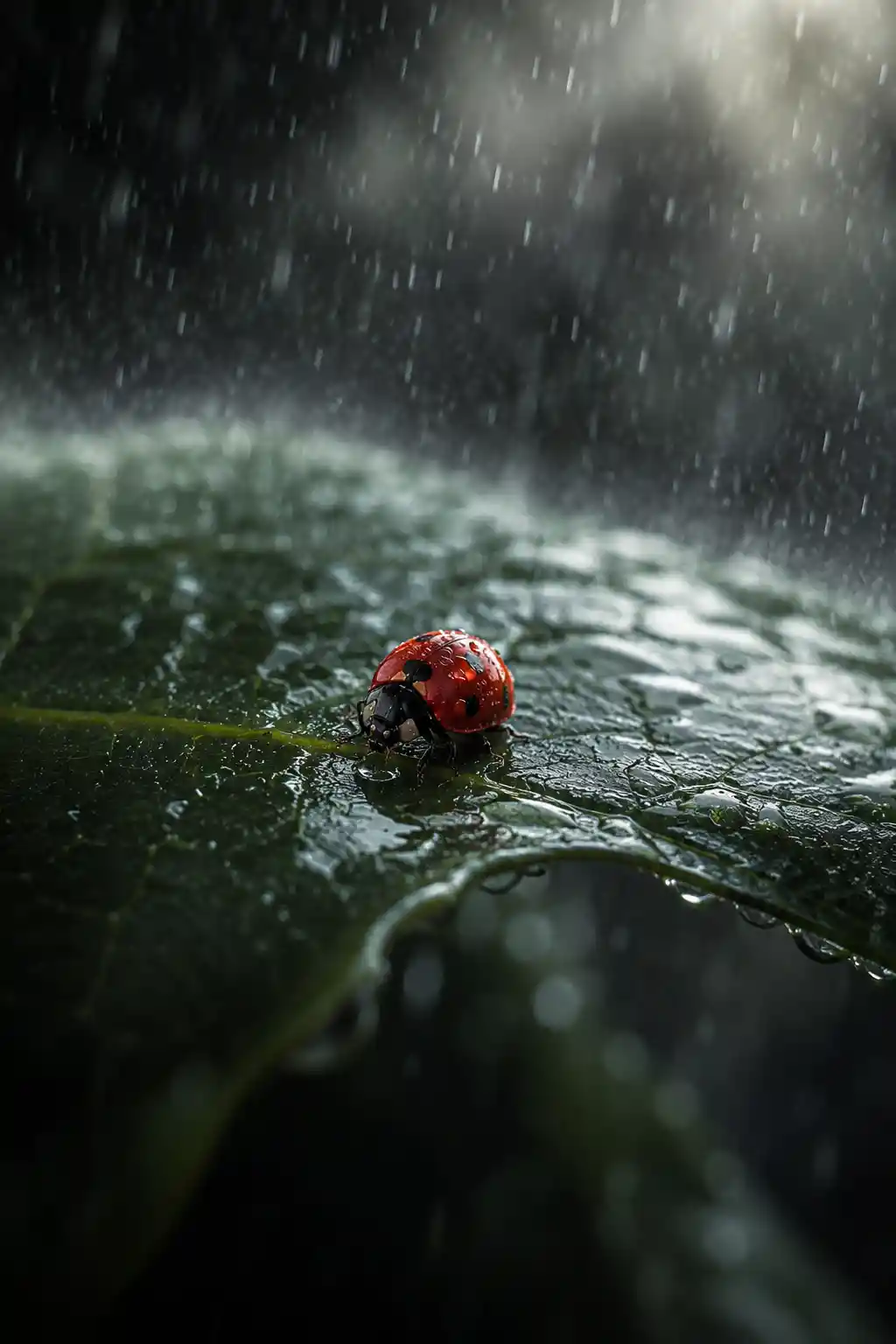 Ladybug on wet green leaf in gentle falling rain