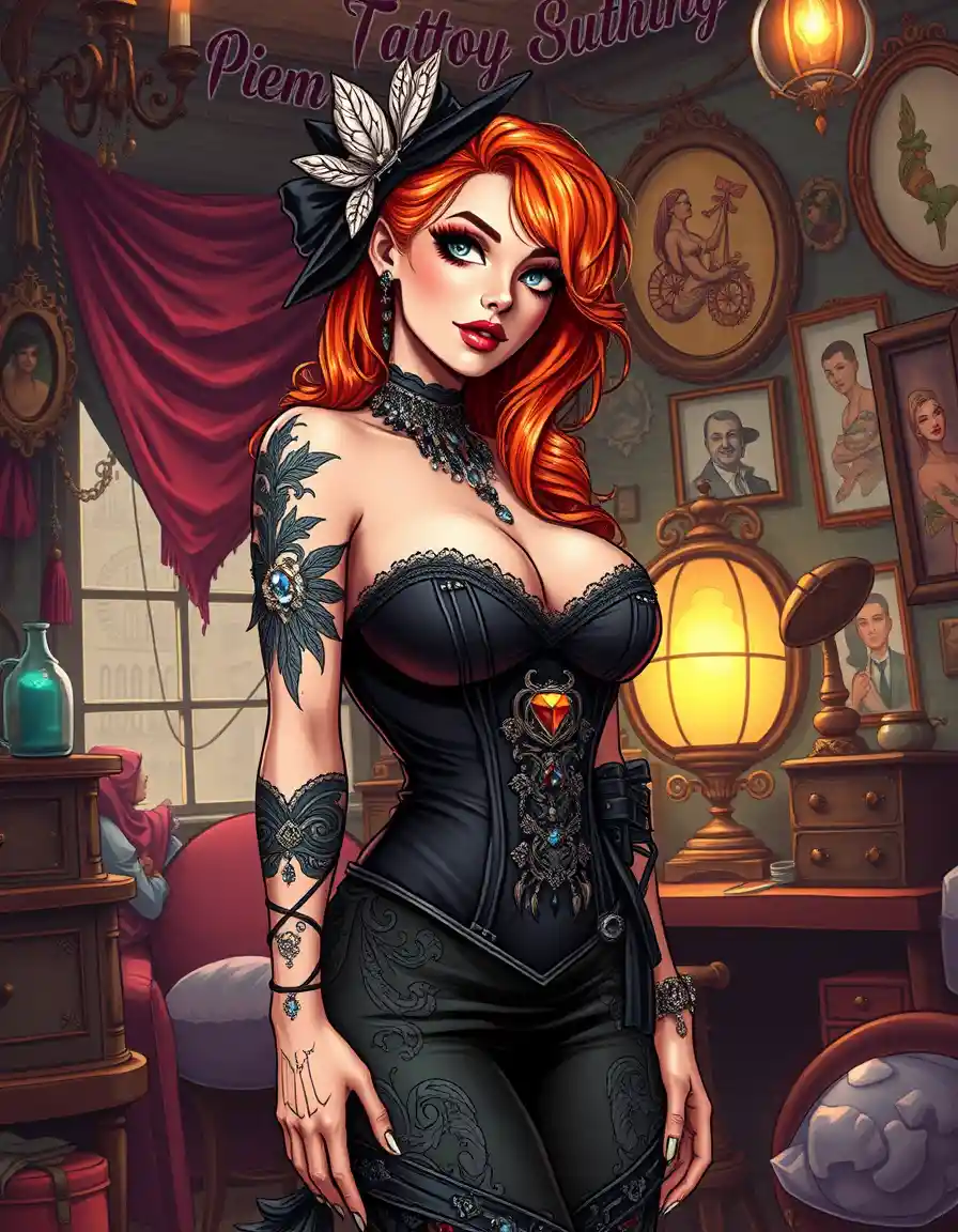Radiant pinup tattoo artist in gothic loft studio