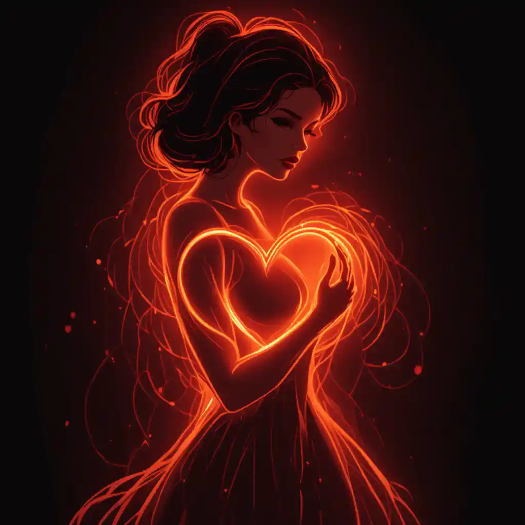 Neon silhouette of romantic woman forming a glowing heart