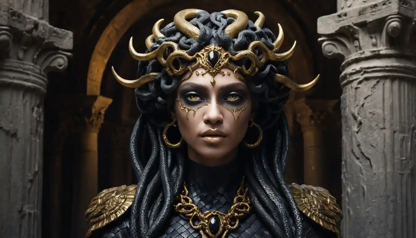 Regal androgynous Medusa against ancient gothic column