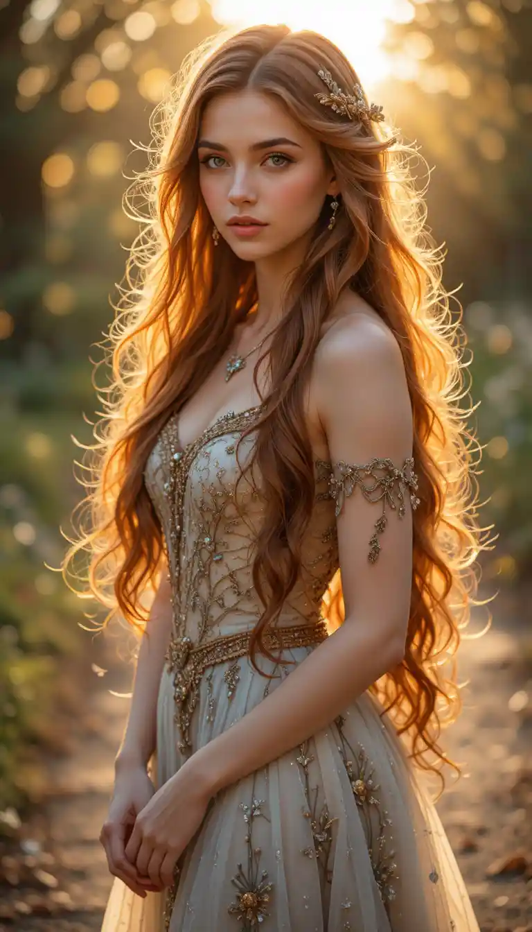 Auburn haired woman glowing in soft twilight light