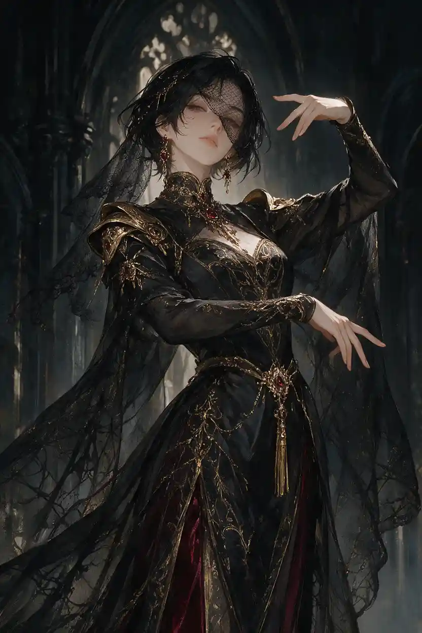 Gothic aristocratic woman posing in a dark cathedral