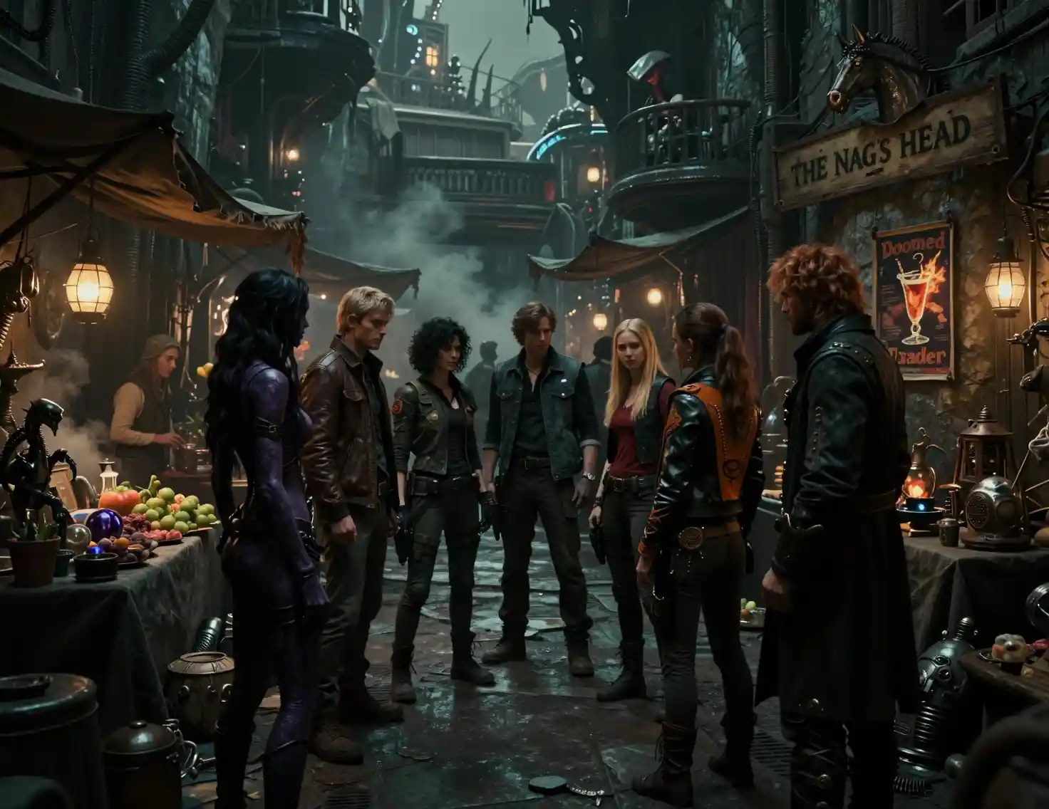 Shadowed deal in a tense alien bazaar alleyway