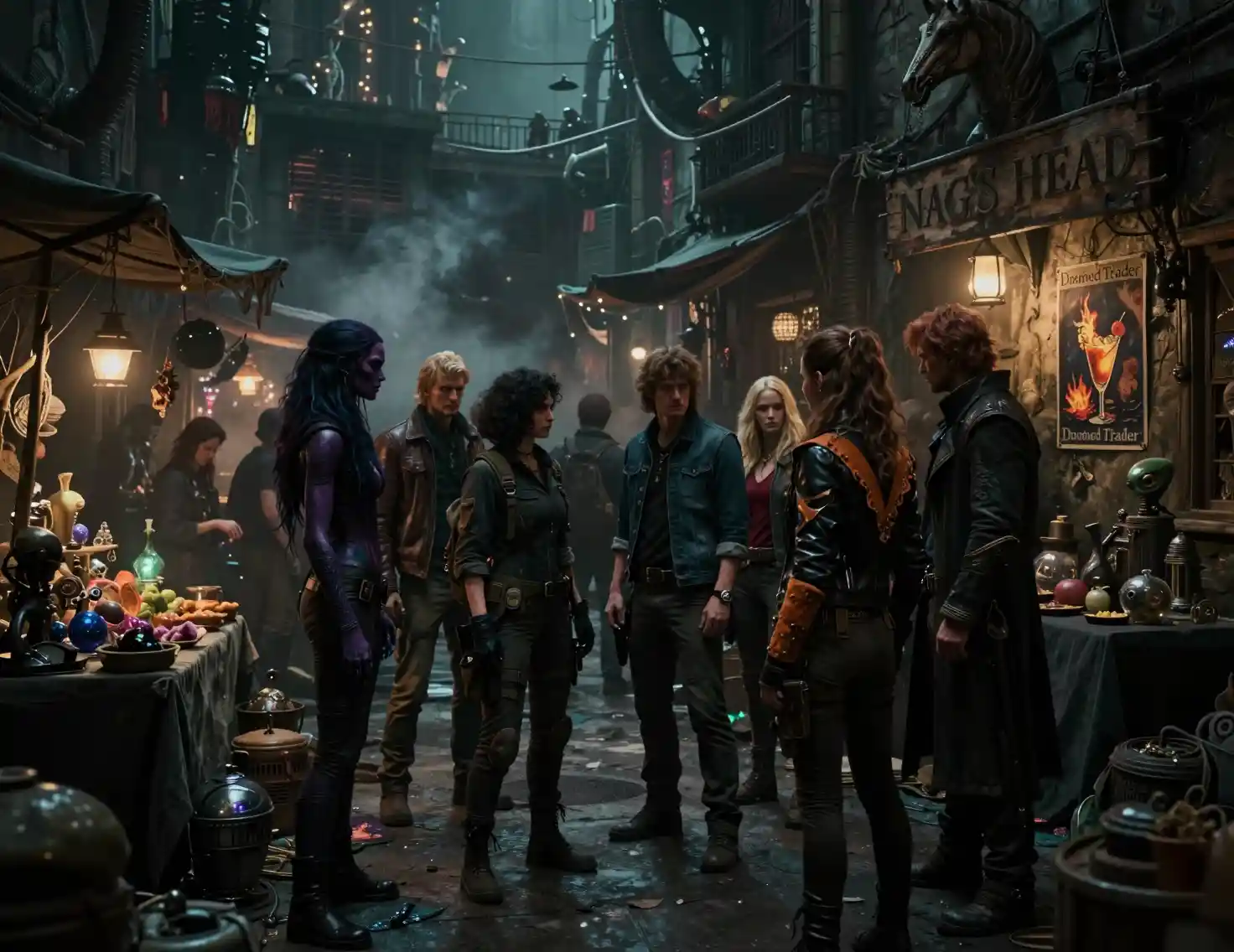 Shadowy alien bazaar with tense group in alleyway