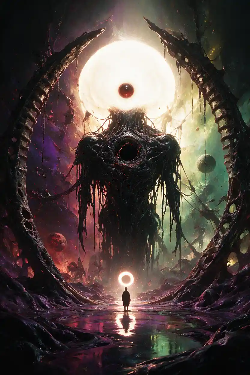 Tiny figure facing colossal cosmic deity in dark void