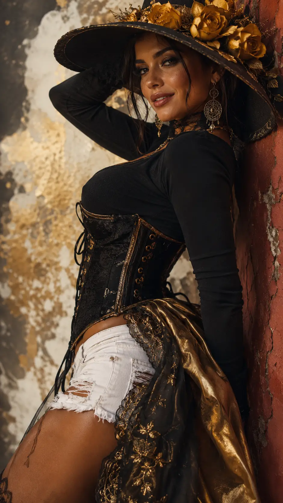Confident woman in couture corset against red concrete wall