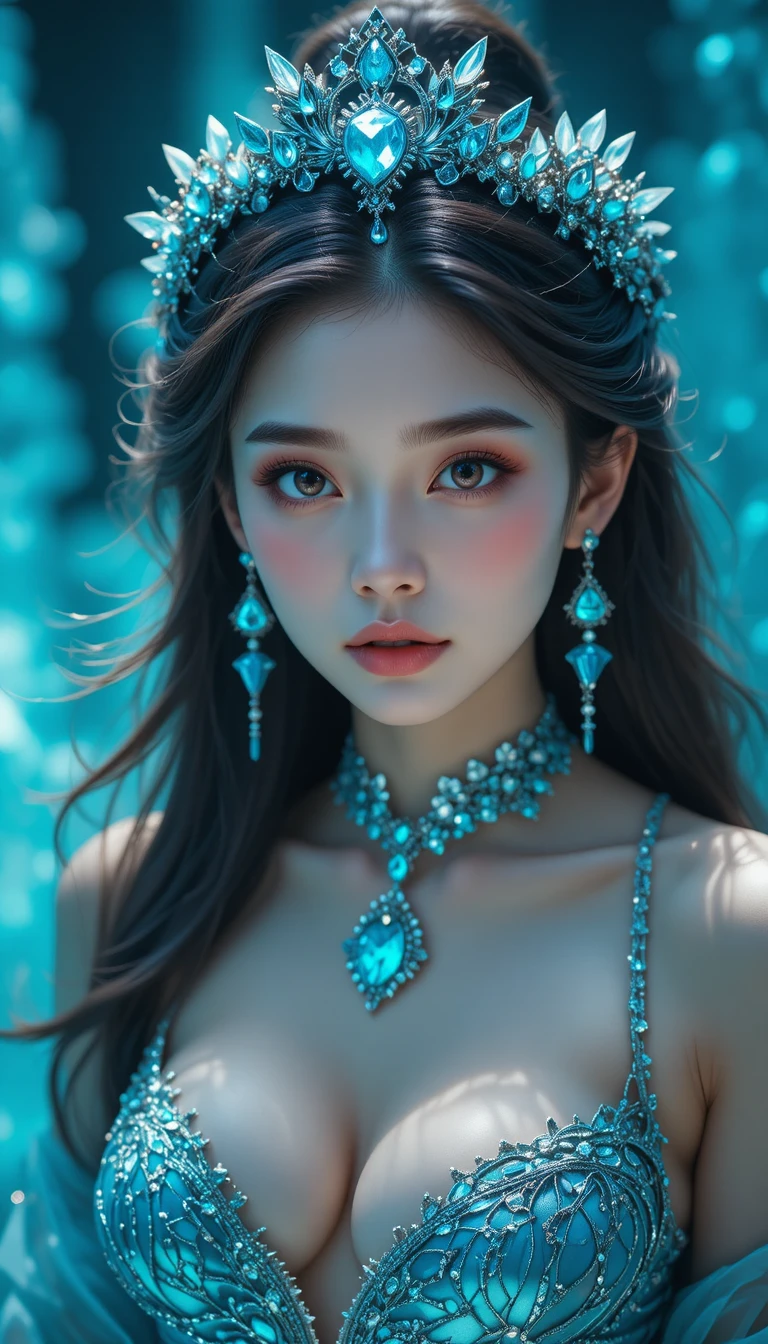 Alluring anime princess in turquoise crystal fantasy realm