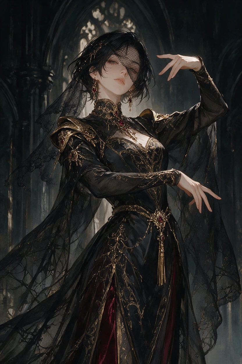 Gothic aristocratic woman posing in a dark cathedral