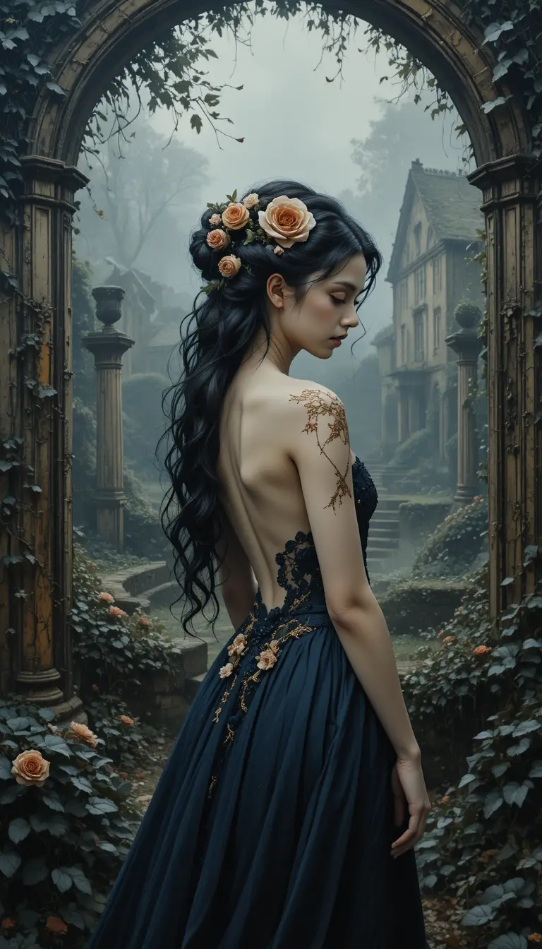 Gothic woman in a decaying garden before ruined mansion