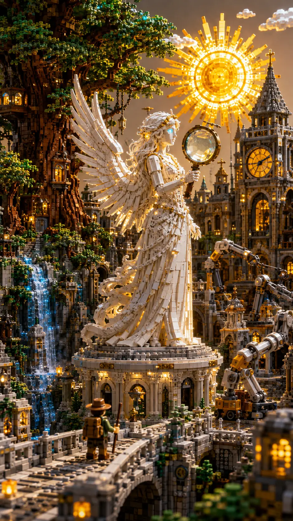 Winged brick woman statue in luminous fantasy city