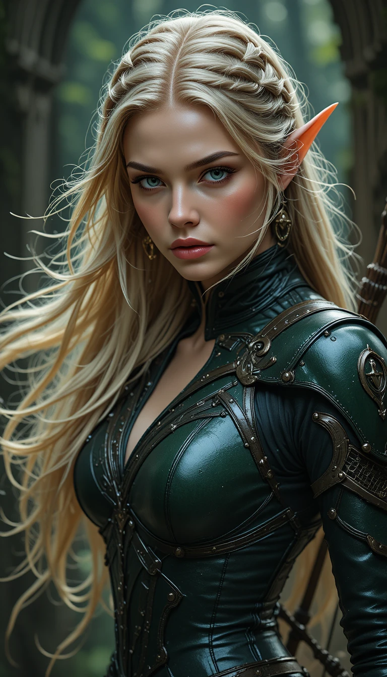 Elegant elven rogue woman with bow in green leather armor