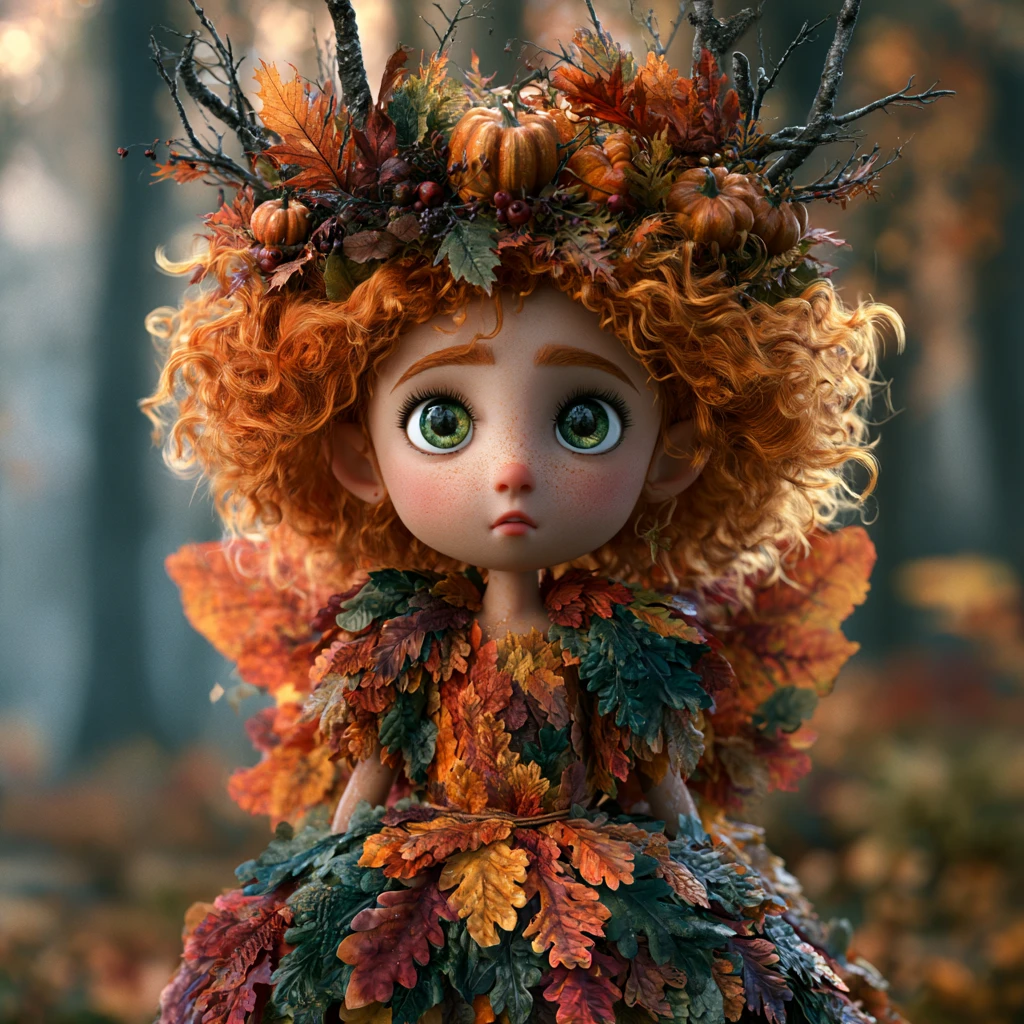 Hada de otoño con vestido de hojas en un bosque brumoso