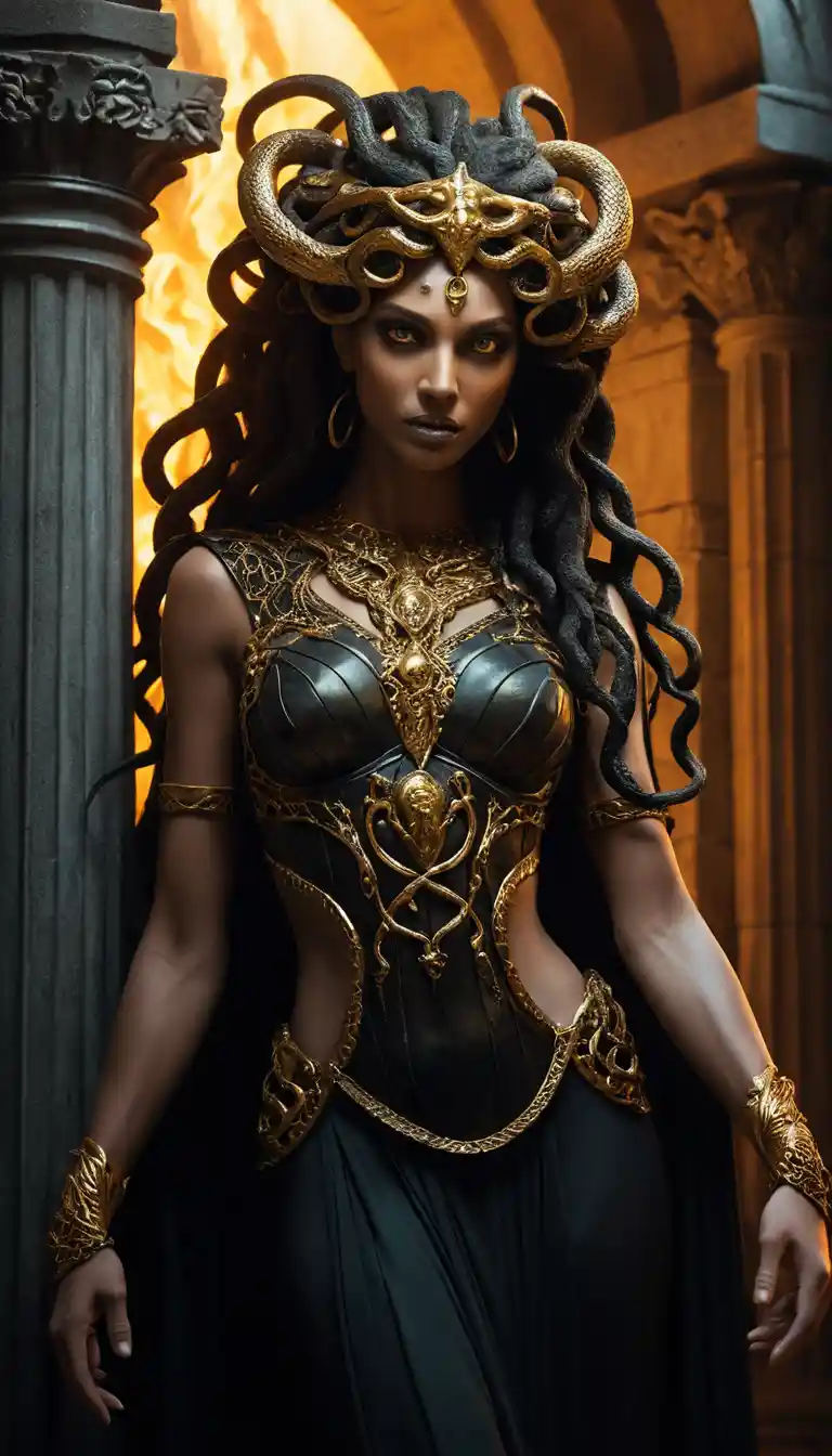Mystical medusa woman leaning against ancient stone column