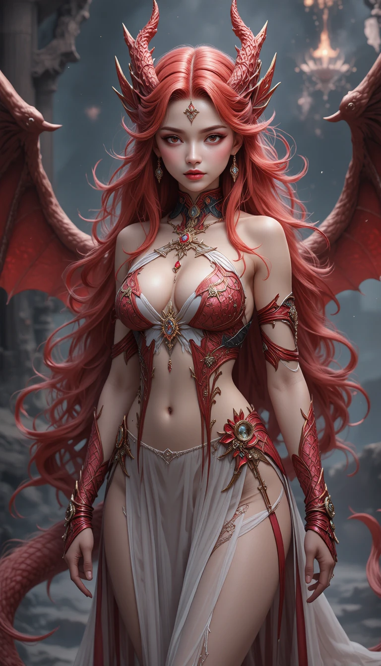 Red dragon woman warrior with wings and ornate jewelry