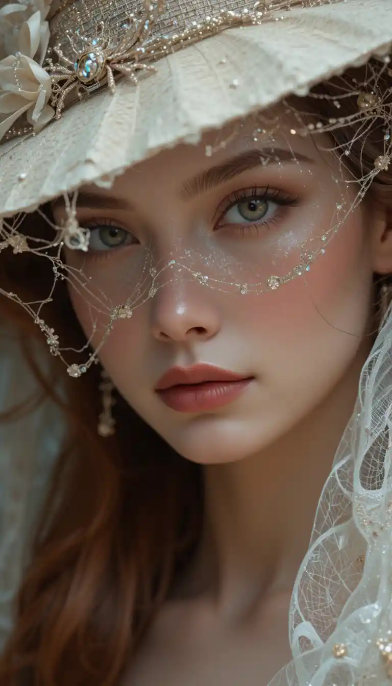 Red haired woman in hat with spider brooch and veil