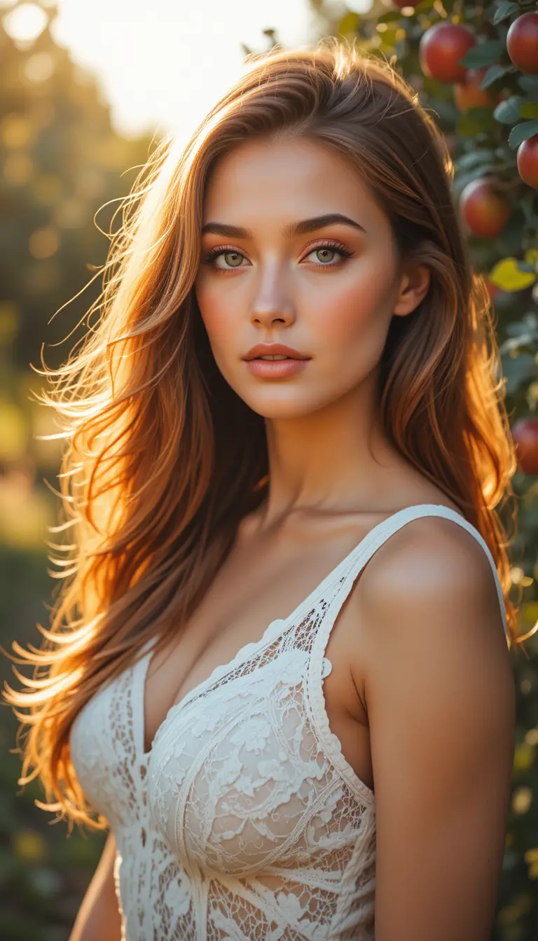 Sunlit auburn haired supermodel in white lace top