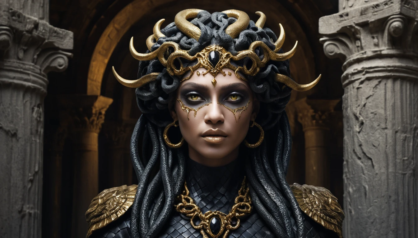 Regal androgynous Medusa against ancient gothic column