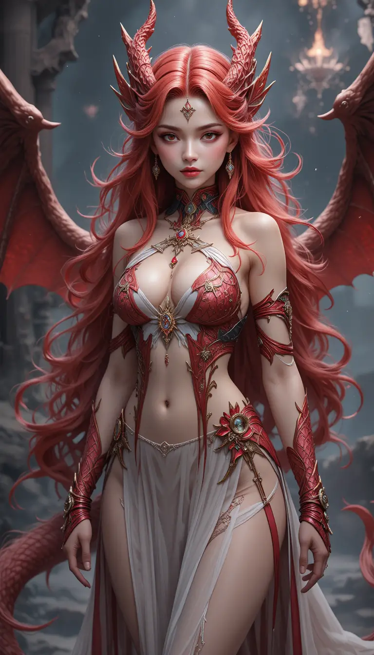 Red dragon woman warrior with wings and ornate jewelry