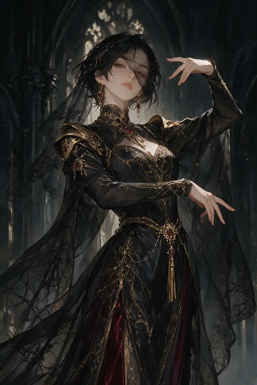 Gothic aristocratic woman posing in a dark cathedral