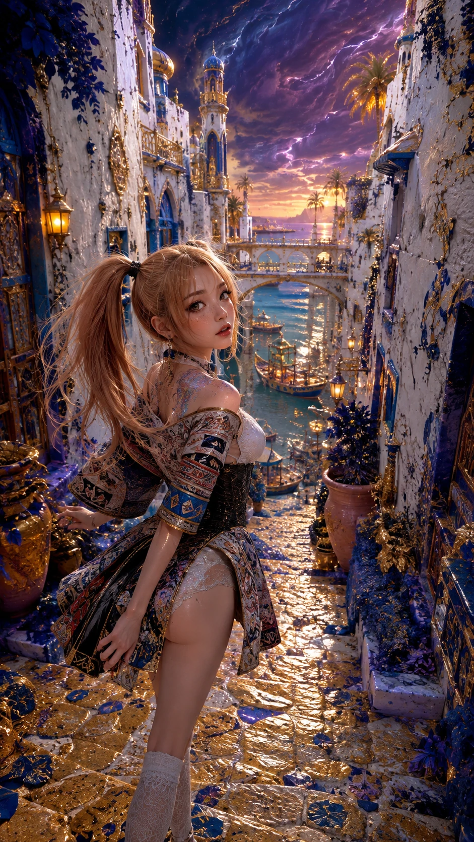 Surprised anime girl in a narrow fantasy alley