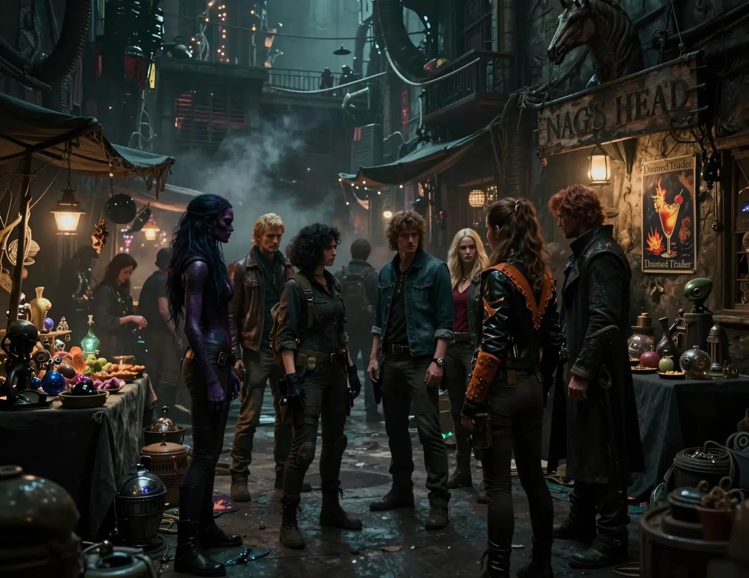 Shadowy alien bazaar with tense group in alleyway