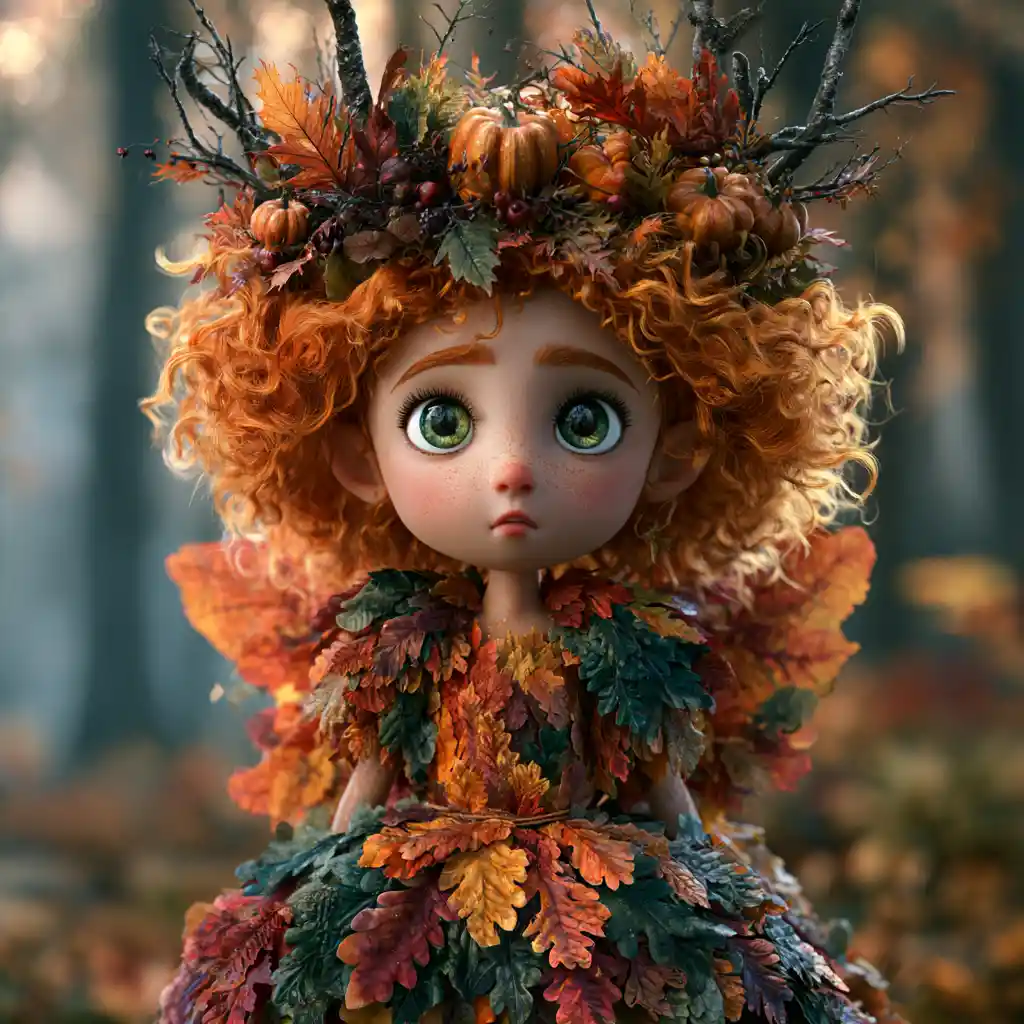 Hada de otoño con vestido de hojas en un bosque brumoso
