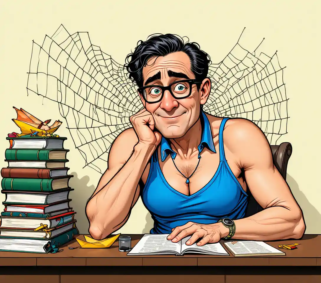 Elderly man tangled in spiderweb at cluttered office desk