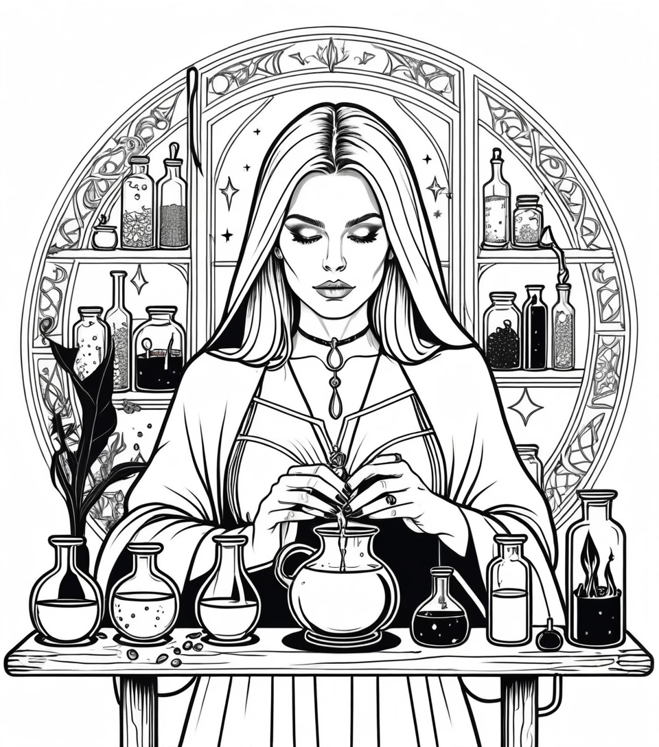 Blonde witch crafting potions in a colorful medieval magic shop