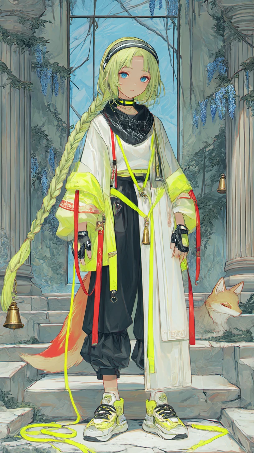 Chica de anime futurista con atuendo neón y accesorios de metal